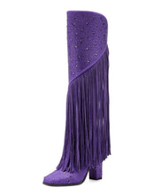 Purple Rhinestone Fringe Block Heeled Knee High Tall Boots With Zip Square Toe Wide Calf